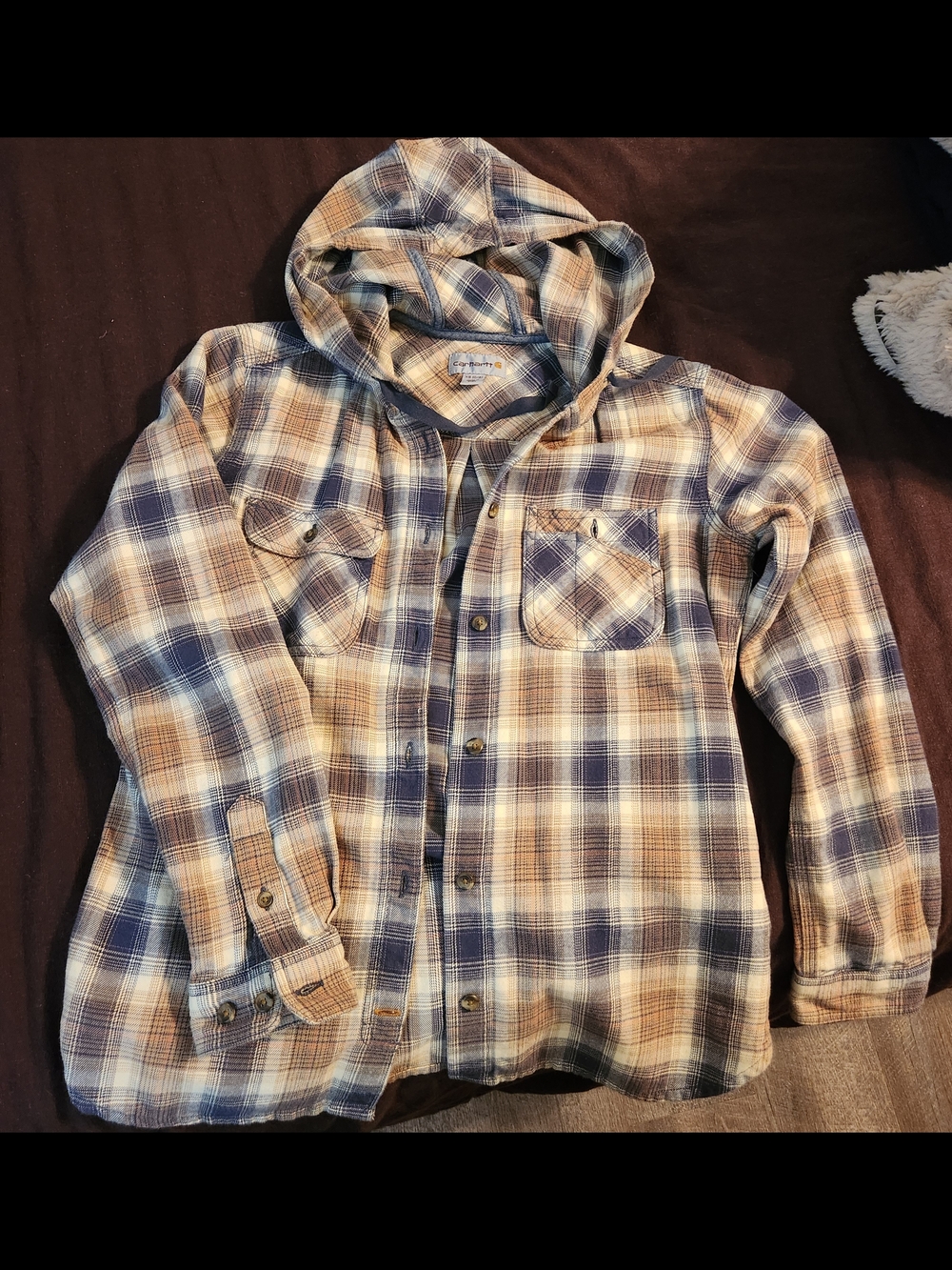 Carhartt Navy & Tan Plaid Hooded Shirt Jacket